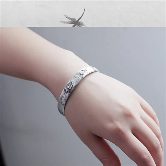 NEW Brushed 999 Pure Silver Lotus Flower Heart Sutra Bracelet - Picture 10 of 11